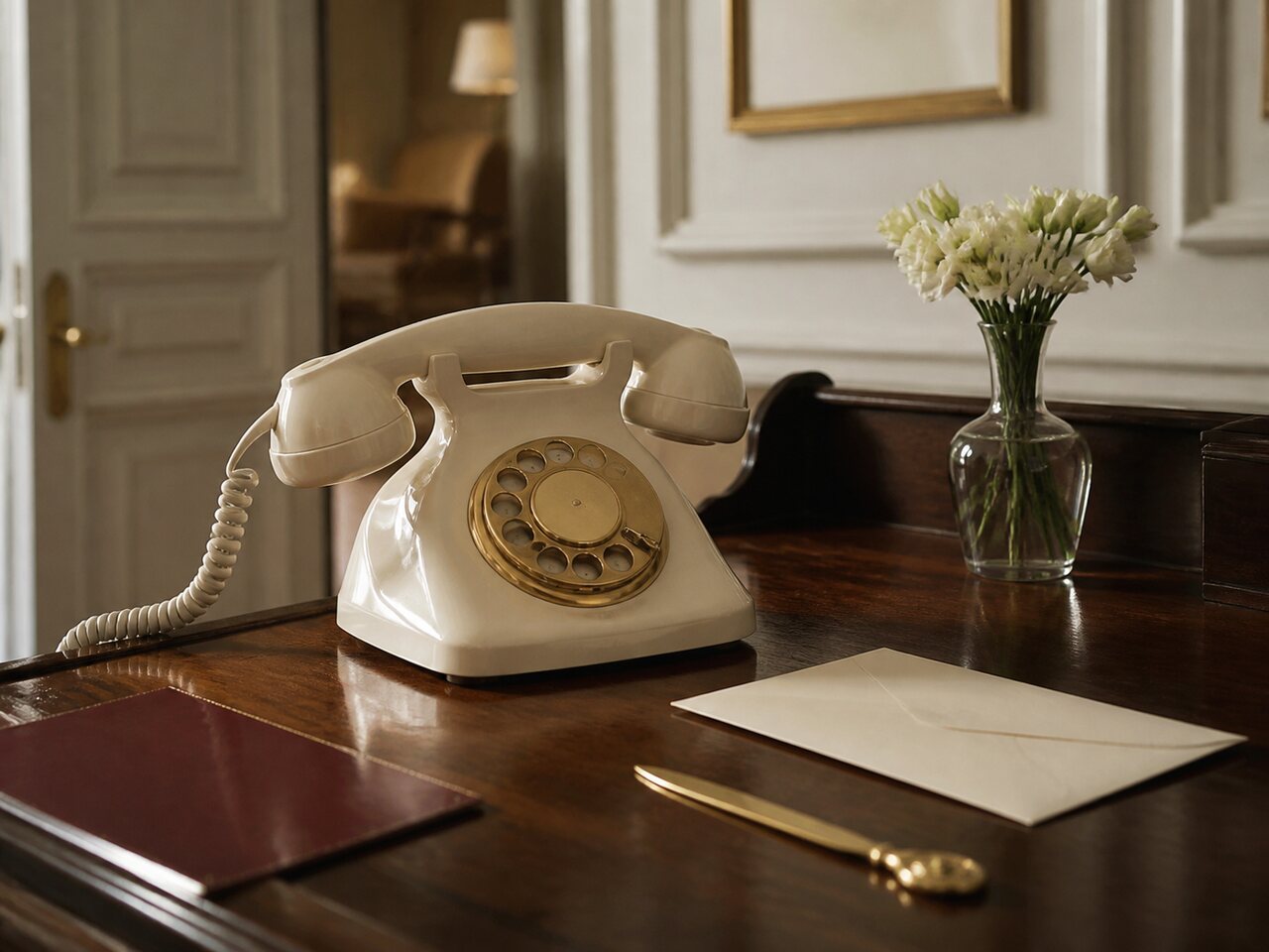 Editorial still life with an ivory telephone, blank envelope, and pale flowers