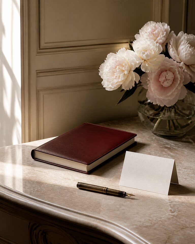 Editorial still life with an oxblood notebook, blank card, fountain pen, and pale flowers